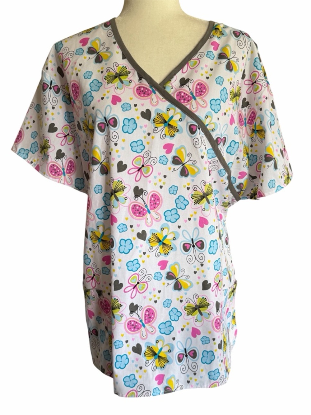 Butterfly & Floral Print Medical Scrub Top - Pink, Yellow, Blue